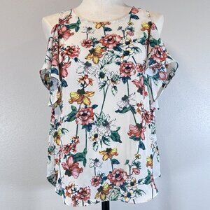 Fortune + Ivy Womens Tunic Top White Floral Cold Shoulder Scoop Neck Relaxed S